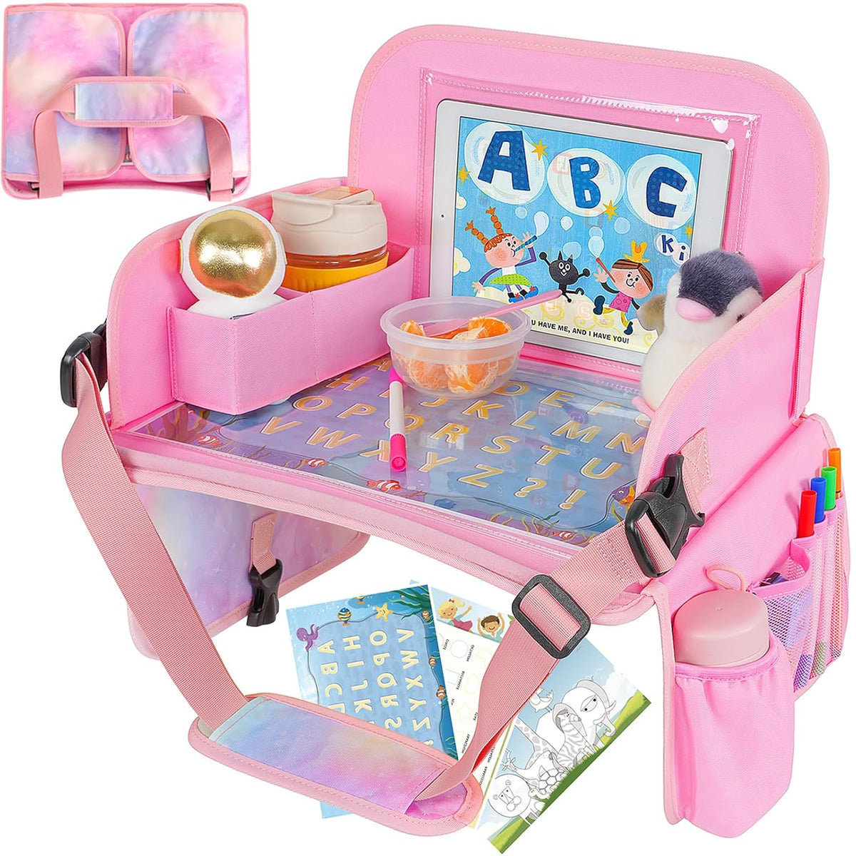 Kids Travel Tray, Car Seat Table Tray, Road Trip Essentials with Educational Drawing Board, Tablet Holder & Cooler Cup Holder, Travel Table for Kids Gifts in Car, Airplane, Multicoloured