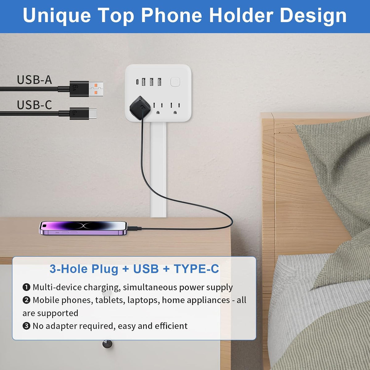 Electrical Outlet Extender Stick, 18"-28" Extendable Power Strip with 180° Rotating Plug, 2 USB-A, 1 USB-C, 3 AC Outlets, Wall Plug Extender for behind Couch, Sofa, Nightstand